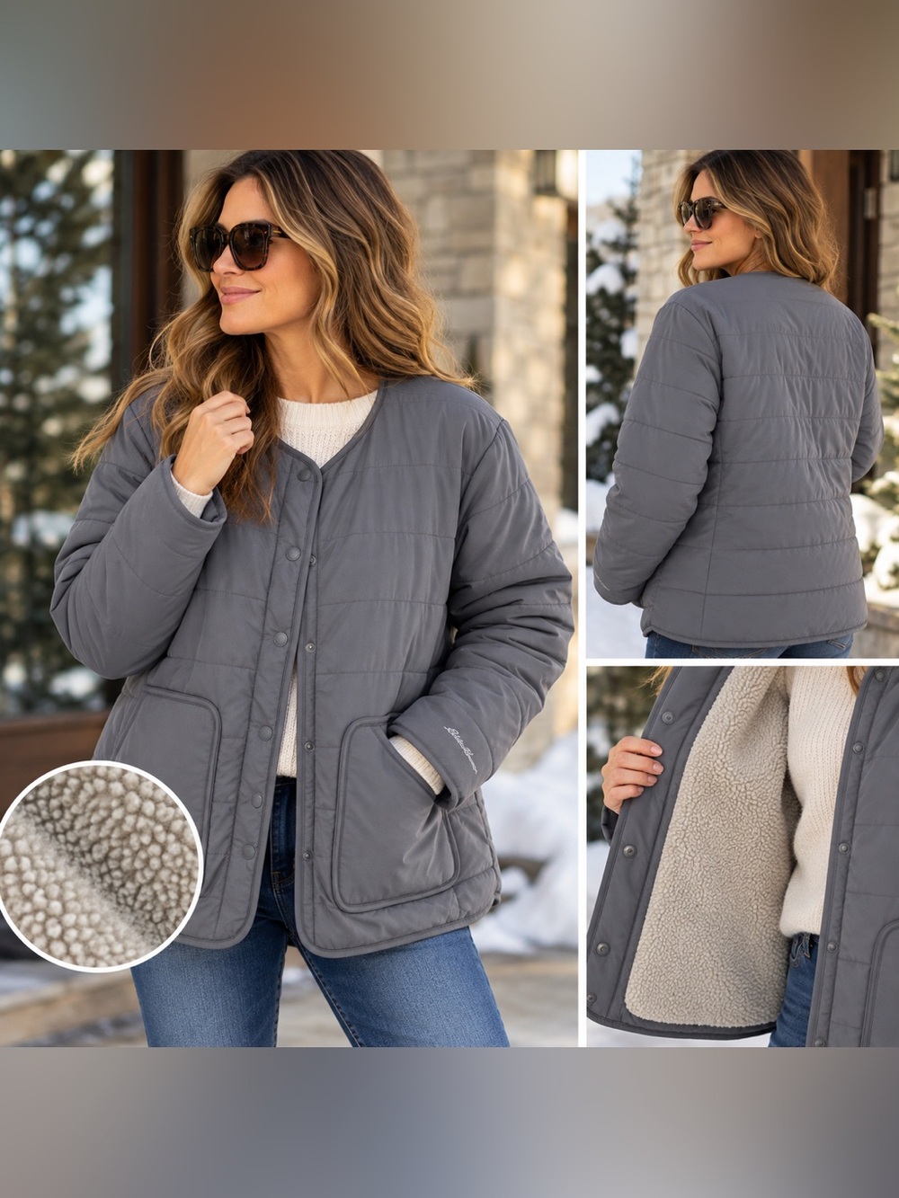 Eddie Bauer Women’s XL Gray Quilted Puffer Jacket Sherpa Lined